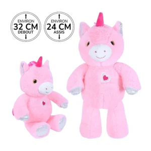 Peluche licorne rose, pattes, pieds et oreilles paillettes argent, cœur bordé, 24cm assis et 32cm debout