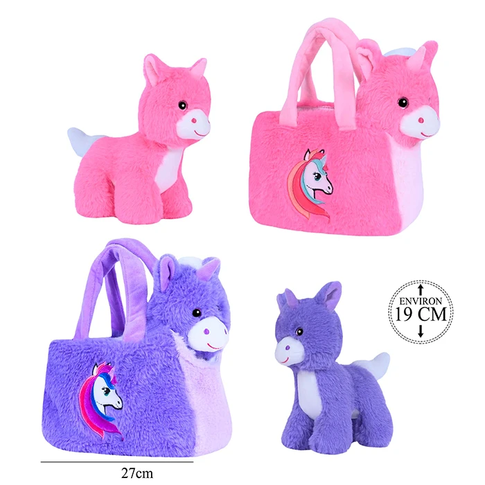 Peluche licorne avec sac 2 coloris (rose et violet) avec ventre, oreille et patte cottelé, 19cm de haut