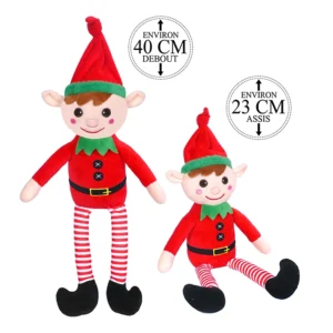 Peluche lutin rouge et vert de Noël, 23cm assis et 40cm debout