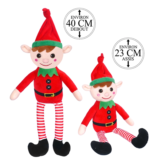 Peluche lutin rouge et vert de Noël, 23cm assis et 40cm debout