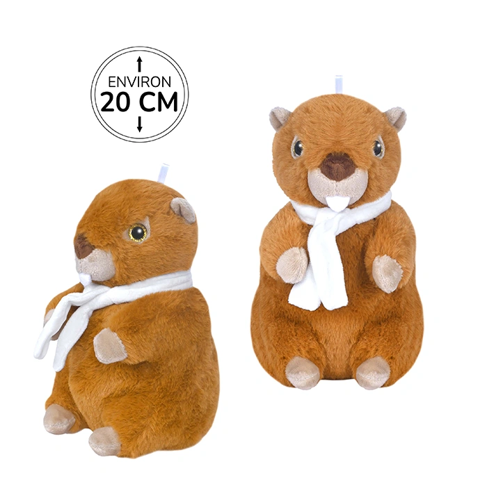 Peluche marmotte marron avec écharpe blanche 20 cm de haut