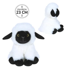 Peluche mouton noir et blanc assis, 23cm de haut