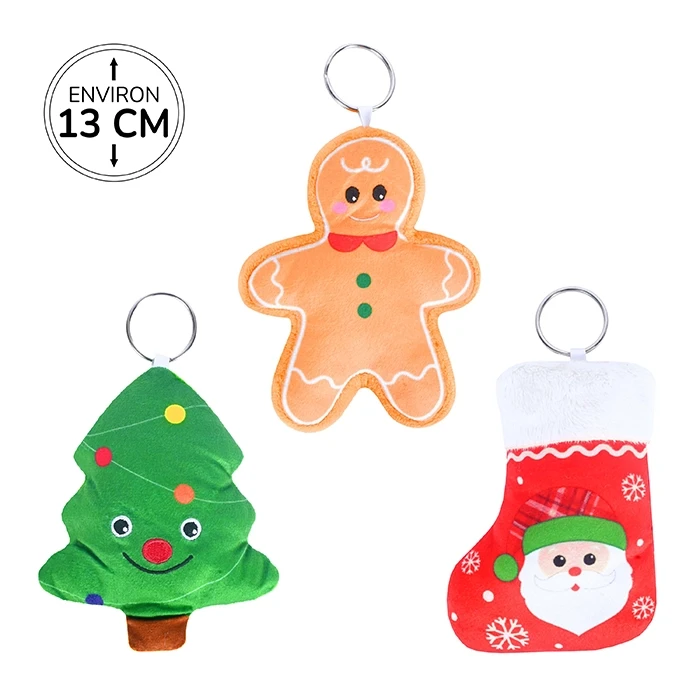 Peluche porte clés Noël 3 assortis (pain d'épice, sapin et botte de Noël) 13cm de haut