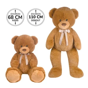 Peluche ours marron avec noeux ruban papillon, 68cm assis et 110cm debout