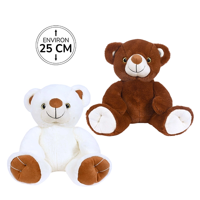 Peluche ours 2 assortis (blanc et marron), 25cm de haut