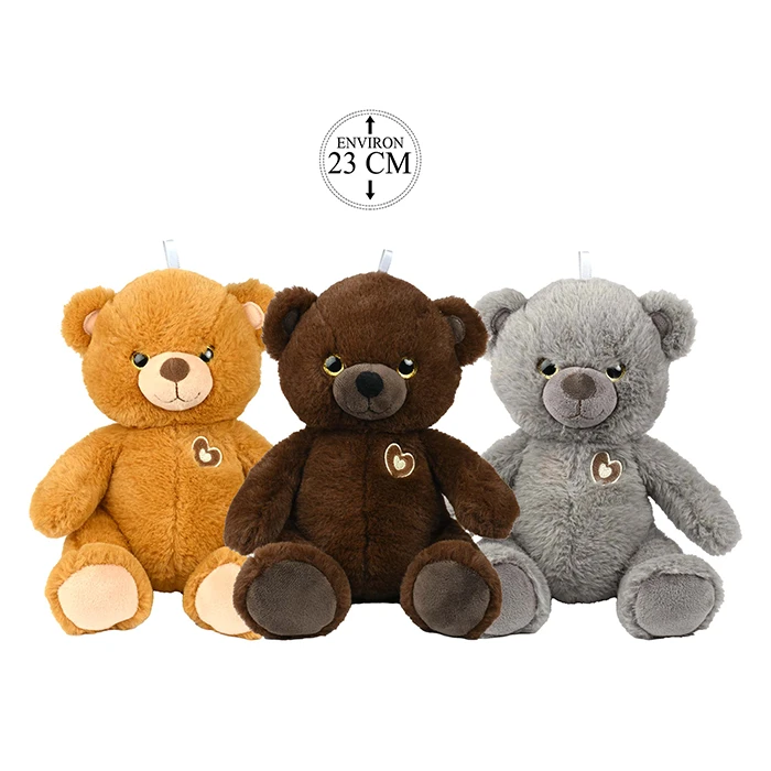 Peluche ours 3 assortis (caramel, brun et gris), 23cm de hauteur