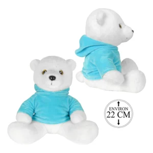 Peluche ours polaire assis habillé d'un sweat à capuche bleu, 22cm de haut