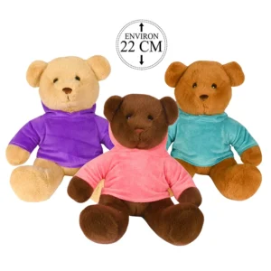 Peluche ourson avec sweat à capuche 3 coloris (ours jaune avec sweat violet, ours marron clair avec sweat bleu et ours brun avec sweat rose), 22cm de haut