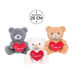 Peluche ourson 3 assortis (gris, beige et blanc) avec un cœur rouge inscription brodée blanche "I love you" et 2 petits cœurs roses, 20cm de haut