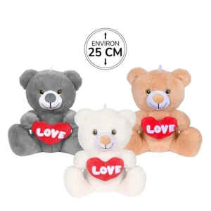 Peluche ourson 3 assortis (gris, beige et blanc) avec un cœur rouge inscription "love" blanc, 25cm de haut