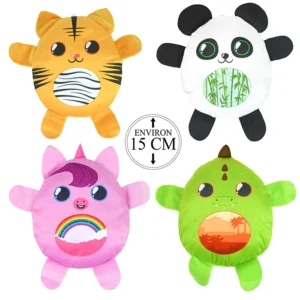 Peluche ovale décor animaux 4 assortis (panda, tigre, licorne et dinosaure), 15cm de haut