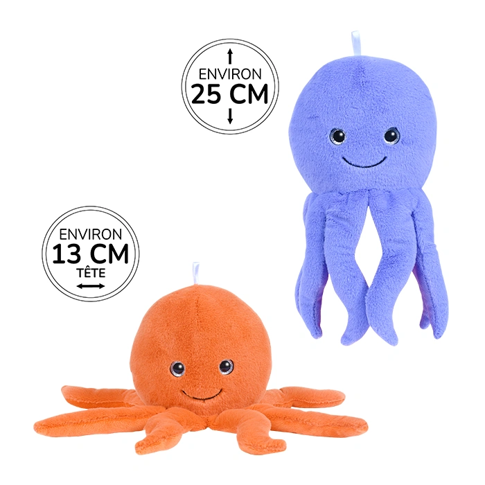 Peluche pieuvre 2 assortis (orange et violet), 25cm de haut