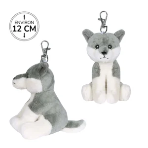 Peluche porte-clés loup gris assis, 12cm de haut