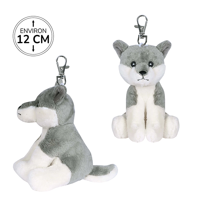 Peluche porte-clés loup gris assis, 12cm de haut