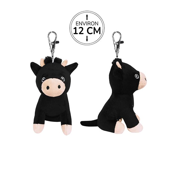 Peluche porte-clés taureau noir, cornes, pattes et museau beige, 12 cm de haut