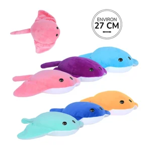 Peluche raie 6 coloris (rose, violet, bleu clair, turquoise, bleu foncé et jaune), 27cm de long