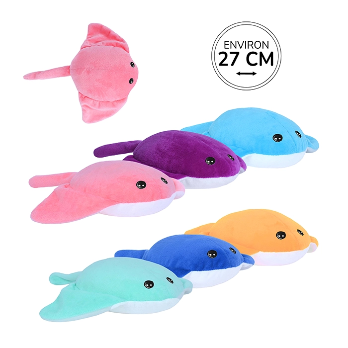 Peluche raie 6 coloris (rose, violet, bleu clair, turquoise, bleu foncé et jaune), 27cm de long