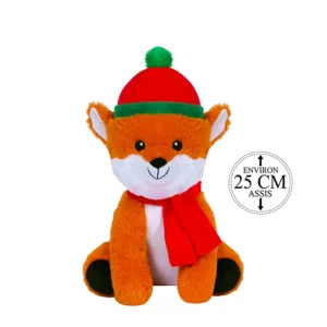 Peluche renard de noël paré de son bonnet et de son écharpe, 25cm de haut