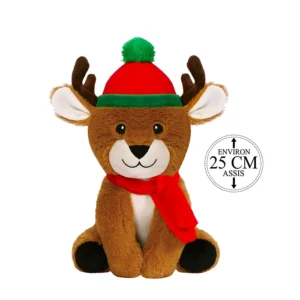 Peluche renne de noël paré de son bonnet et de son écharpe, 25cm de haut