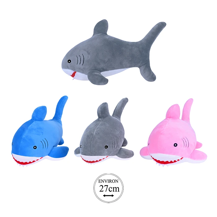 Peluche requin 3 coloris ( bleu, gris et rose) avec ventre blanc, 27cm de long