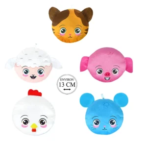 Assortiment peluche ronde décor animaux (poule, souris, cochon, brebis et chat) 13cm de large