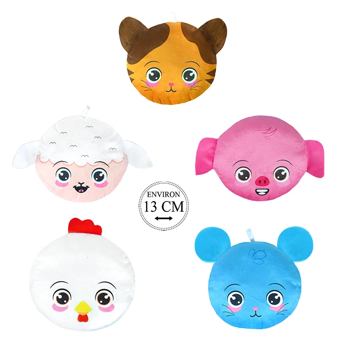 Assortiment peluche ronde décor animaux (poule, souris, cochon, brebis et chat) 13cm de large