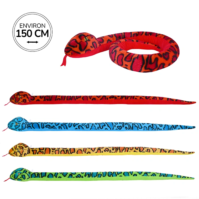 Peluche serpent 4 assortis (rouge, bleu, jaune et vert) 150 cm de long
