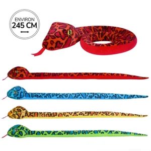 Peluche serpent 4 assortis (rouge, bleu, jaune et vert) 245 cm de long