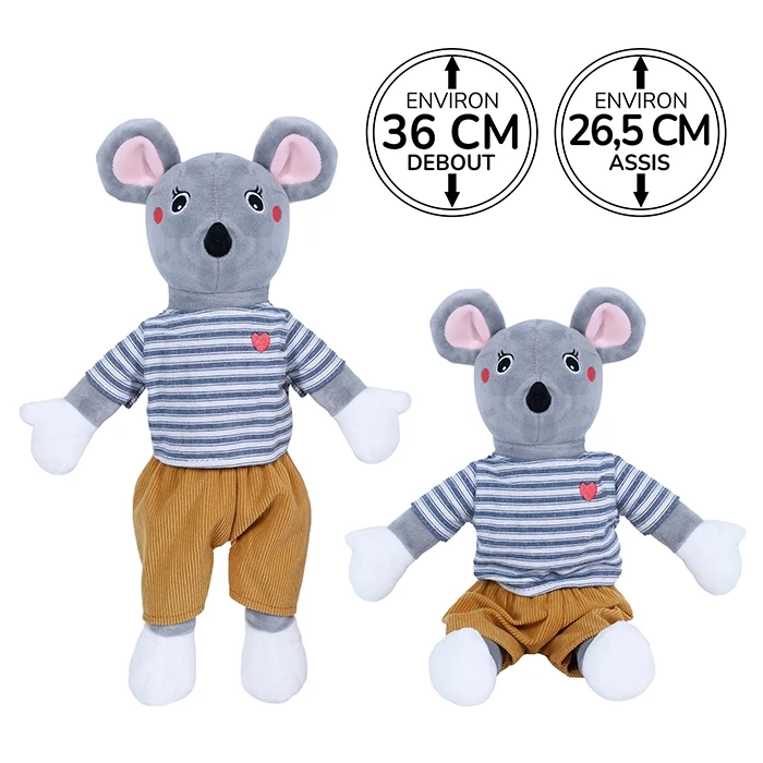 Peluche souris grise habillé d'un t-shirt à rayures avec cœur brodé et d'un pantalon jaune moutarde, 26,5cm assis et 36cm debout