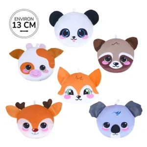 Peluche tête animaux 6 assortis (panda, vache, raton laveur, renard, cerf et koala) 13cm de large