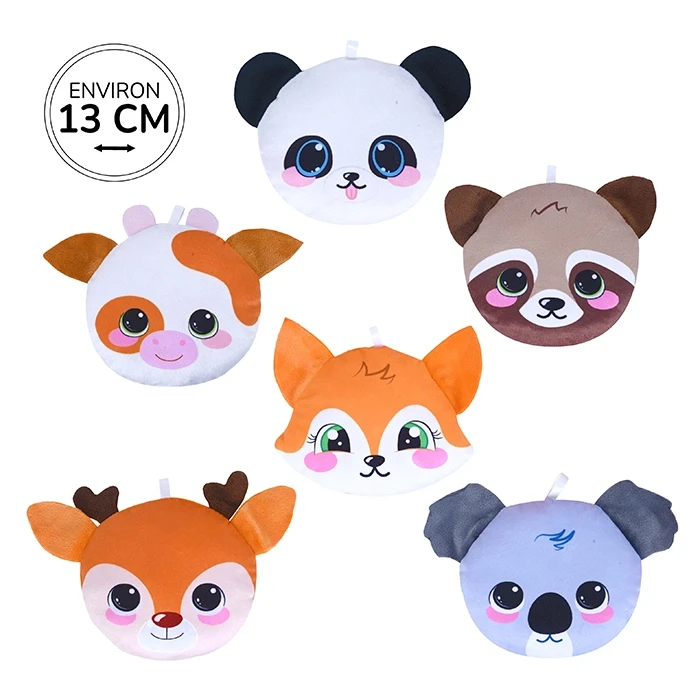 Peluche tête animaux 6 assortis (panda, vache, raton laveur, renard, cerf et koala) 13cm de large
