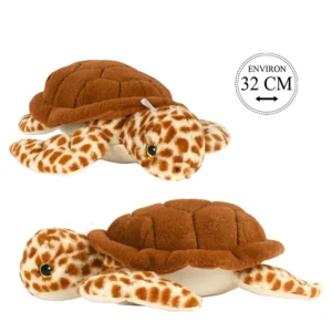 Peluche tortue blanc tachetée avec carapace marron, 32cm de long