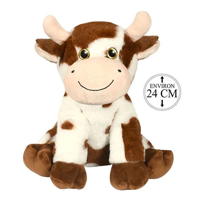 Peluche vache taches marrons assise, 24cm de haut