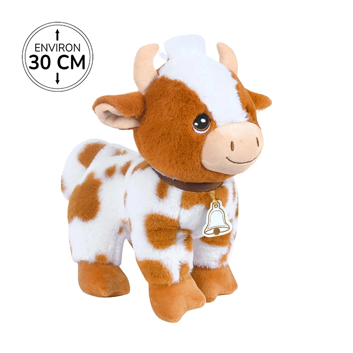 Peluche vache debout blanche avec taches marron, 30cm de haut