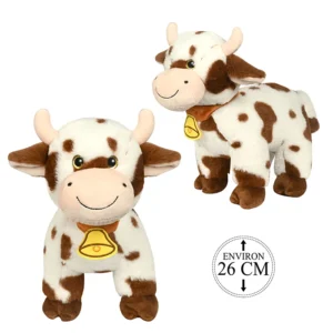 Peluche vache debout blanche avec taches marron et collier cloche brodée, 28cm de haut