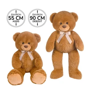 Peluche ours marron avec noeux ruban papillon, 55cm assis et 90cm debout