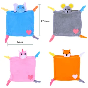 Doudou animaux 4 assortis (éléphant, souris, licorne et renard), 27,5cm de haut et 24cm de large