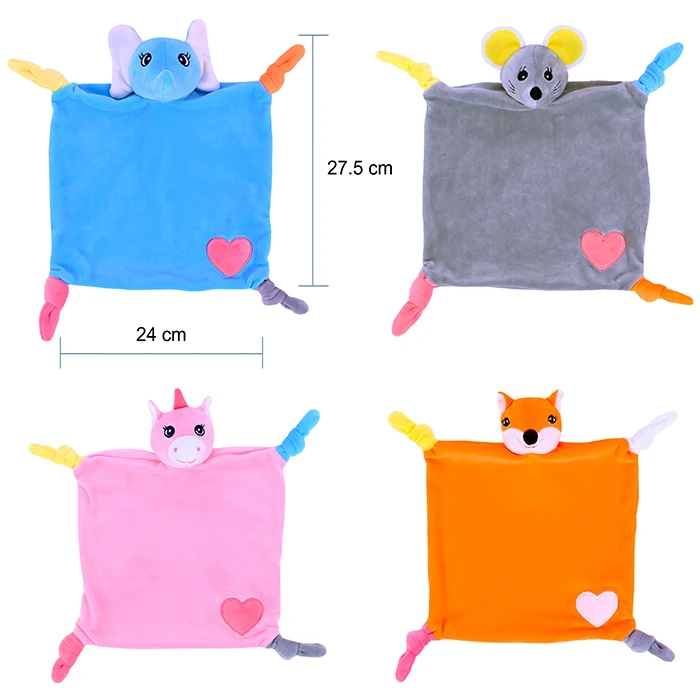 Doudou animaux 4 assortis (éléphant, souris, licorne et renard), 27,5cm de haut et 24cm de large