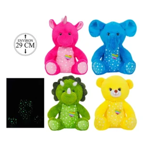 Mélange de 4 peluches phosphorescentes assortis (licorne, éléphant, dinosaure et ours), 29cm de haut