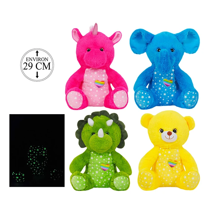 Mélange de 4 peluches phosphorescentes assortis (licorne, éléphant, dinosaure et ours), 29cm de haut