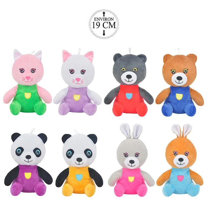 Peluche animaux 8 assortis (2 chats, 2 ours, 2 pandas, 2 lapin), 19cm de haut