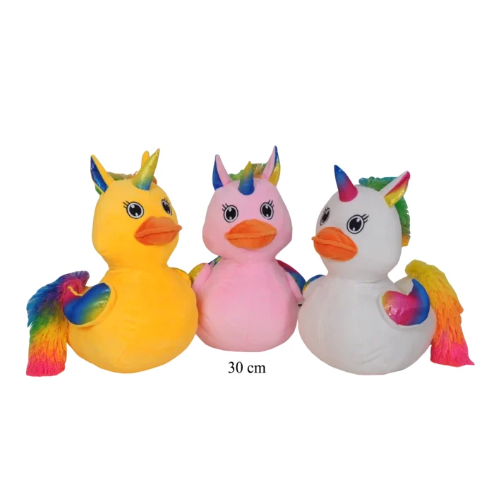 peluche canard licorne 30 cm, jaune, rose et blanc