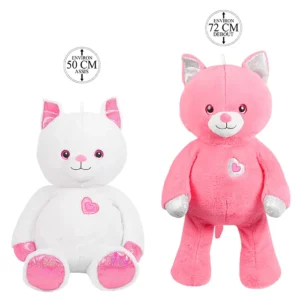 Peluche chat 2 coloris (blanc et rose), 50cm assis et 72cm debout