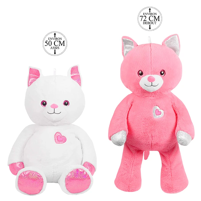 Peluche chat 2 coloris (blanc et rose), 50cm assis et 72cm debout