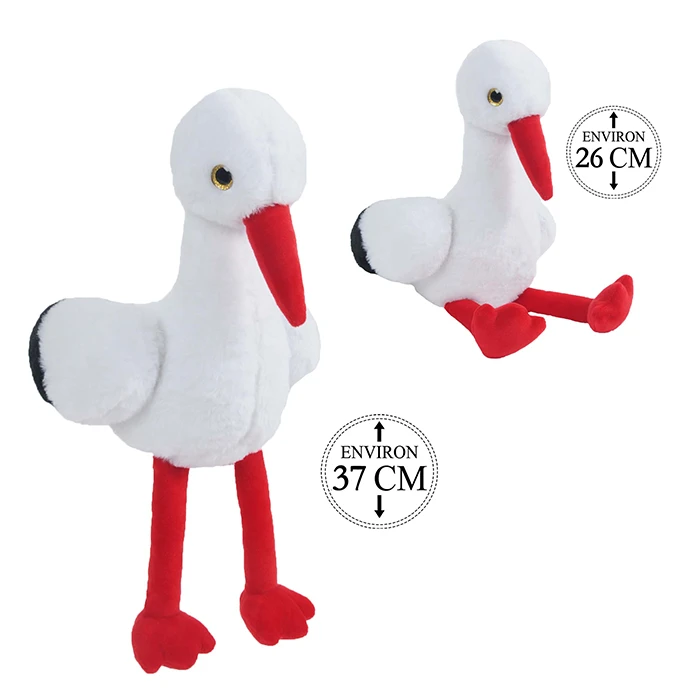 Peluche cigogne, 26cm assis et 37cm debout