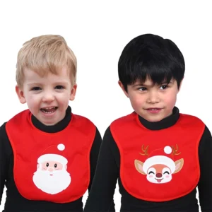 Bavoir décor Père Noël et renne brodée, fermeture velcro