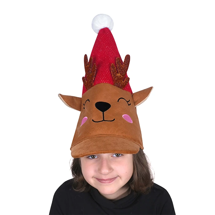 Grand bonnet avec visière, décor renne avec visage brodé et bois de renne en tissu brillant, taille enfant