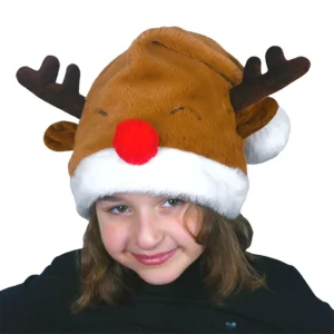 Bonnet peluche super douce, orné de bois de renne, nez rouge sur rebord et yeux brodés