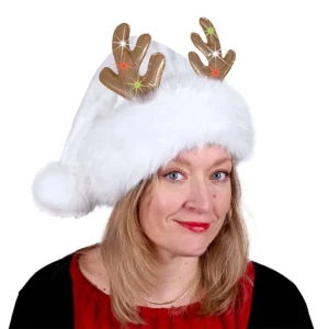 Bonnet de Noël en peluche blanche avec rebord et pompon imitation fourrure, orné de bois de renne dorés lumières multicolores, taille adulte