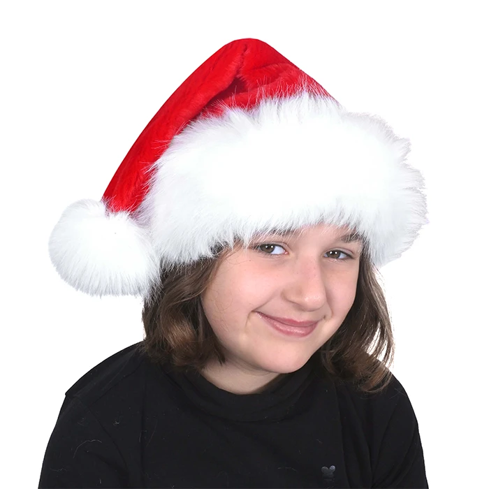 Bonnet de Noël en peluche épaisse avec large rebord et pompon en imitation fourrure, taille enfant